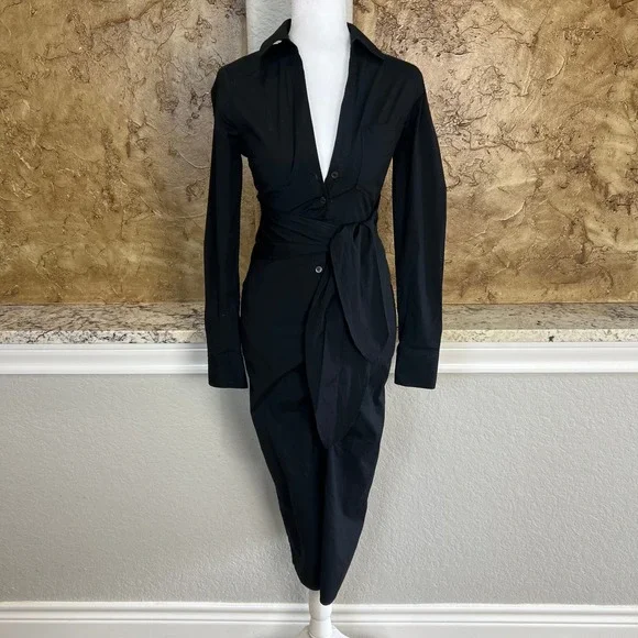 Veronica Beard Janelle Shirt Dress Size 00 Black Long Sleeve Tie Waist Midi - Picture 2 of 11